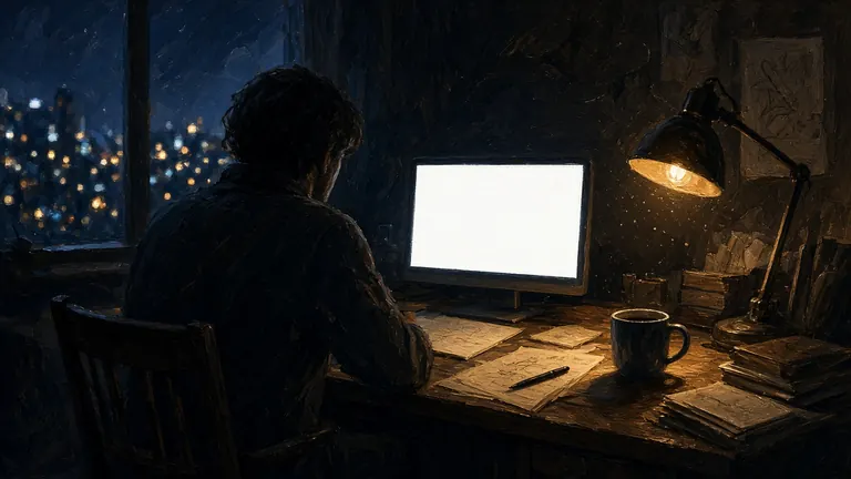 A lone figure at a desk at night, lit by a monitor showing an empty document